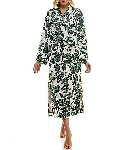 MASONgrey Long Sleeve Tie Front Knit Floral Print Long Kimono Robe