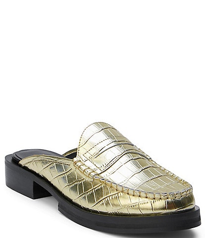 Matisse Tasha Metallic Crocodile Embossed Leather Penny Loafer Platform Mules