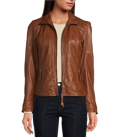 Mauritius Front Zip Lambskin Leather Long Sleeve Moto Statement Jacket