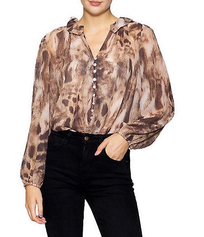MELLODAY Animal Print Chiffon Ruffle V-Neck Long Sleeve Button Front Blouse
