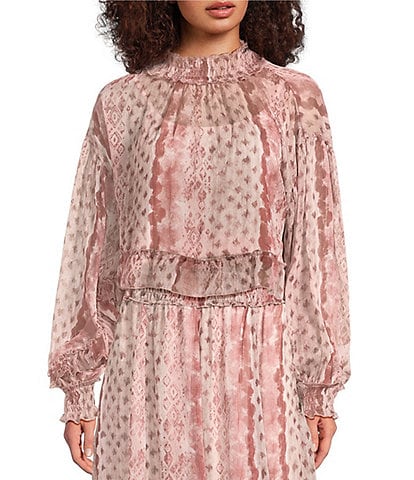 MELLODAY Coordinating Printed Chiffon Mock Neck Long Sleeve Ruffle Hem Blouse