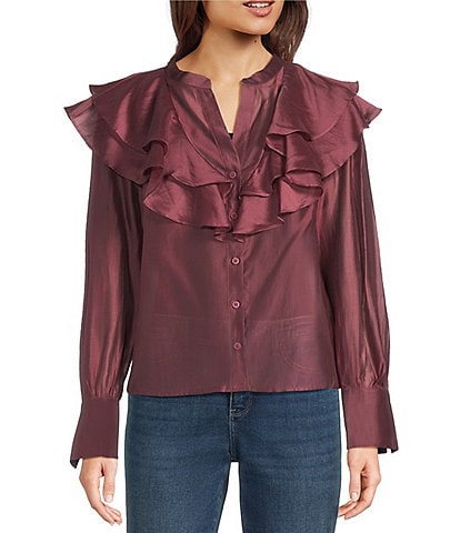 MELLODAY Tencel Organza Split Neck Long Sleeve Ruffle Button Front Blouse