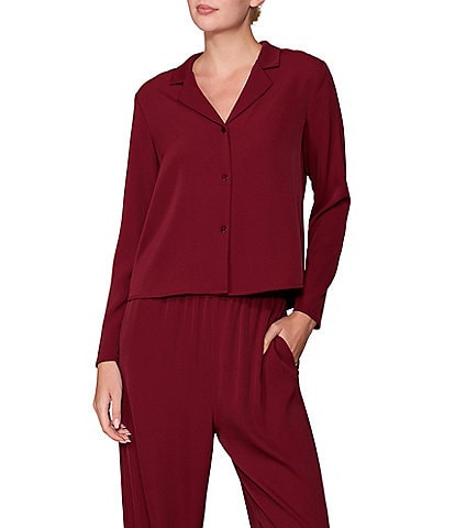 MELLODAY Woven Lux Crepe Notch Collar Long Sleeve Button Front Coordinating Top