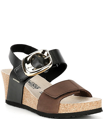 Mephisto Leandre Leather Buckle Strap Wedge Sandals