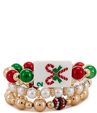 Merry & Bright Candy Cane Mahjong Resin Beaded Stretch Bracelet Set