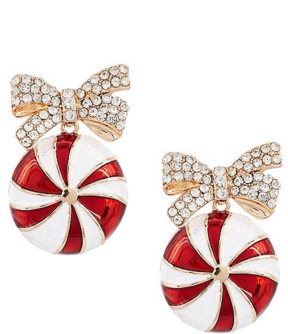 Merry & Bright Crystal Pave Bow Christmas Peppermint Candy Enamel Drop Earrings
