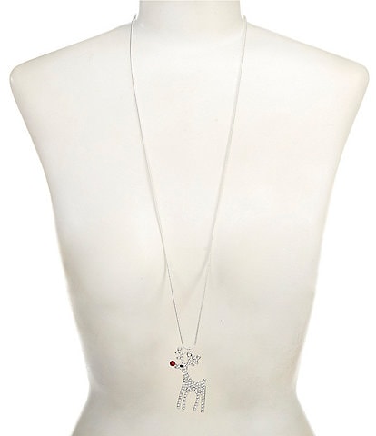 Merry & Bright Crystal Pave Rudolph Reindeer Long Pendant Necklace