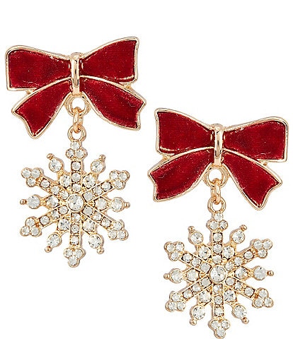 Merry & Bright Holiday Bow Stud Crystal Pave Snowflake Drop Earring