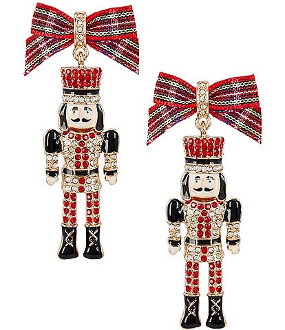 Merry & Bright Red Plaid Bow Nutcracker Drop Earrings
