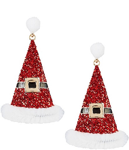 Merry & Bright White Pom Pom Stud Glitter Enamel Santa Drop Earrings