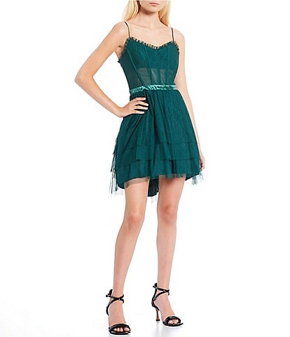 Mesh V-Neck Double Tiered Mesh Corset Fit-And-Flare Dress