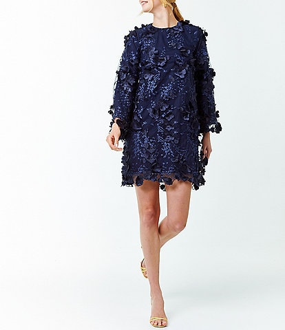 Mestiza New York 3D Floral Lace Embellished Mesh Crew Neck Long Flare Sleeve Shift Mini Dress