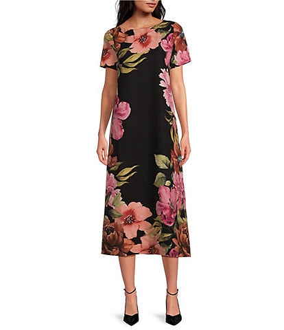 Mestiza New York Adria Stretch Crepe Floral Print Boat Neck Short Sleeve Midi Dress