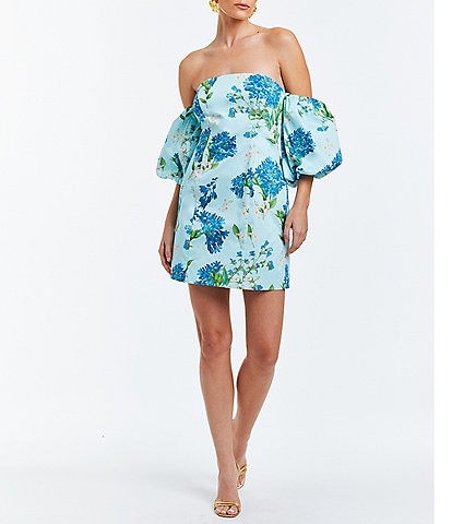 Mestiza New York Arlowe Floral Print Stretch Cotton Sateen Puff Sleeve Strapless Mini Dress