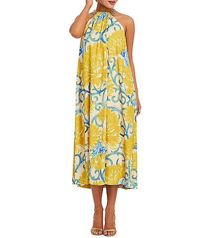 Mestiza New York Bijou Printed Twill Chain Halter Sleeveless Midi Dress