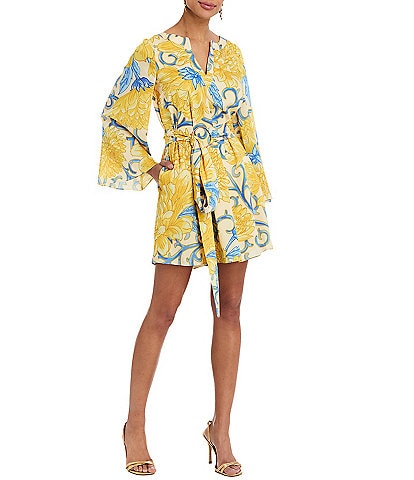 Mestiza New York Cabo Printed Twill Split V-Neck Long Bell Sleeve Caftan Mini Dress