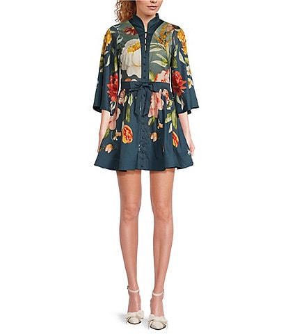 Mestiza New York Carmen Floral Print Mandarin Collar 3/4 Full Sleeve Mini A-Line Dress