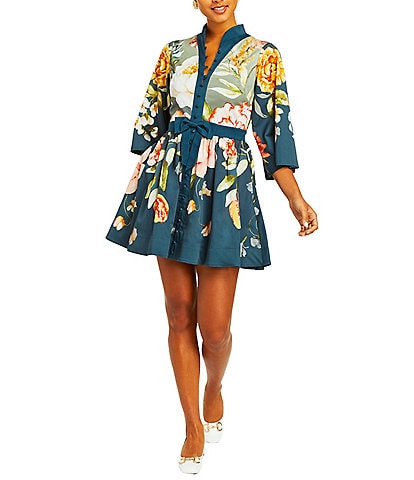 Mestiza New York Carmen Floral Print Mandarin Collar 3/4 Full Sleeve Mini A-Line Dress