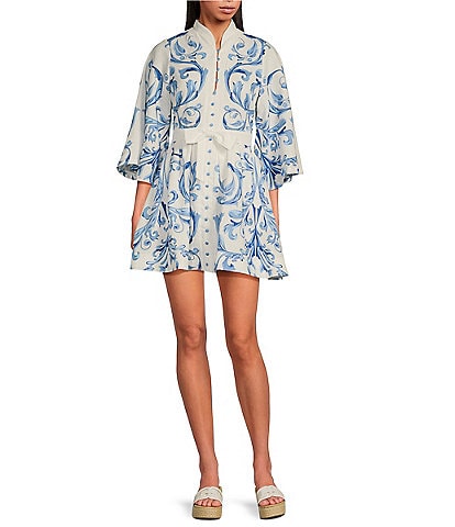 Mestiza New York Carmen Floral Print Mandarin Collar 3/4 Full Sleeve Tie-Waist Mini A-Line Dress