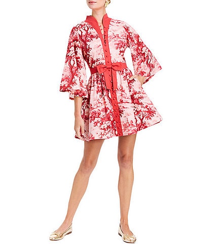 Mestiza New York Carmen Linen Cherry Blossom Print Mandarin Collar 3/4 Full Sleeve Mini A-Line Dress