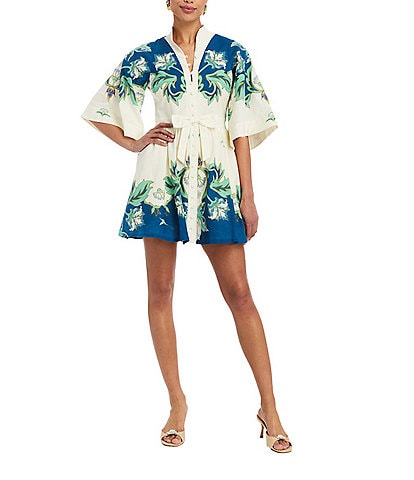Mestiza New York Carmen Printed Button Up Mandarin Collar Butterfly 3/4 Sleeve Bow Tie Waist Linen Blend Mini A-Line Dress