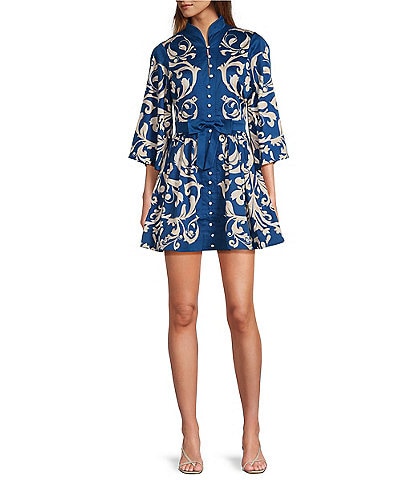 Mestiza New York Carmen Sateen Scroll Print Mandarin Collar 3/4 Full Sleeve Mini A-Line Dress