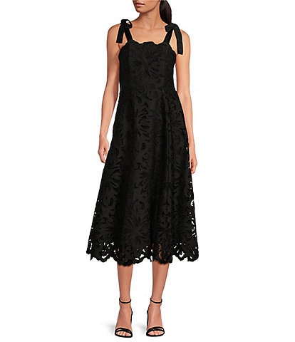 Mestiza New York Cataleya Laser Cut Lace Square Neck Tie Bow Strap Scallop Midi Dress