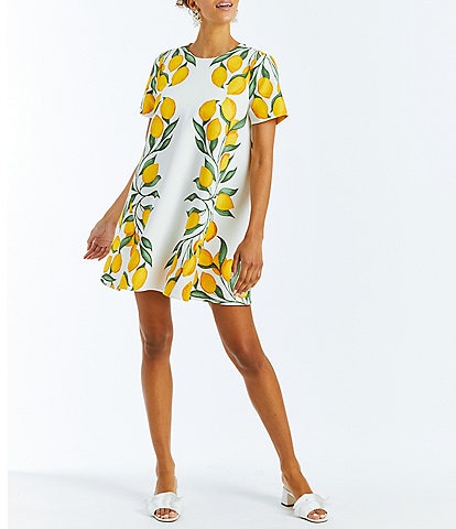Mestiza New York Cecily Reversible Lemon Print Stretch Crepe Tie Back Bow Short Sleeve Crew Neck Mini A-Line Dress