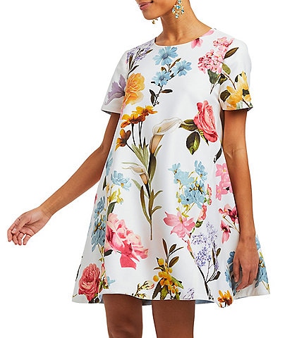 Mestiza New York Cecily Reversible Mixed Floral Print Stretch Crepe Bow Tie Back Short Sleeve Crew Neck Mini A-Line Dress