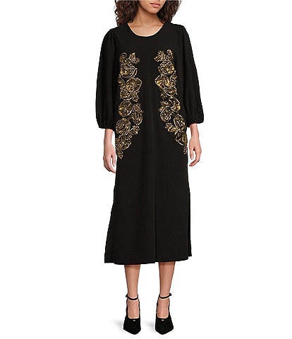 Mestiza New York Chiffon Beaded Floral Embroidery Round Neck 3/4 Sleeve Dress