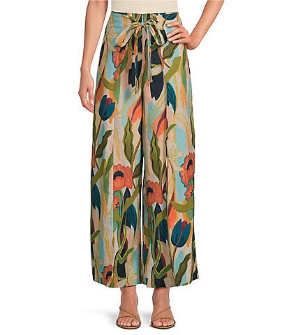 Mestiza New York Chloe Linen Blend Abstract Wrap Front Belted Wide Leg Pants