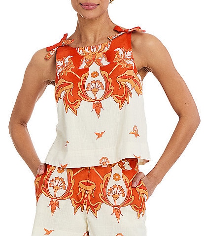 Mestiza New York Coordinating Payton Printed Boat Neck Sleeveless Bow Shoulder Top