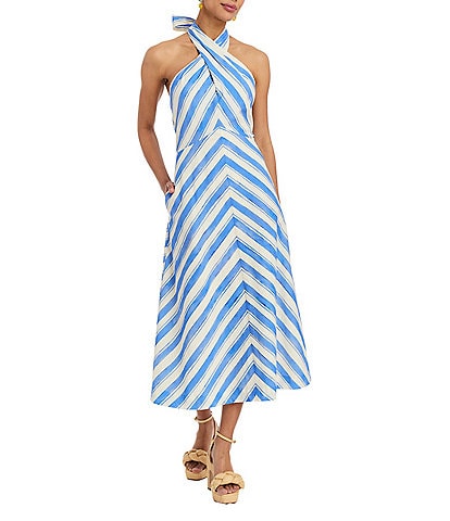 Mestiza New York Copacabana Santorini Linen Blend Stripe Halter Neck Sleeveless Midi Dress