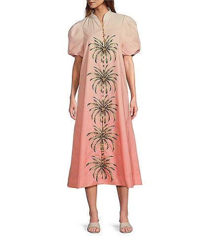 Mestiza New York Elliana Linen Blend Elliana Mandarin Collar Puff Sleeve Embroidered Button Front Midi Dress