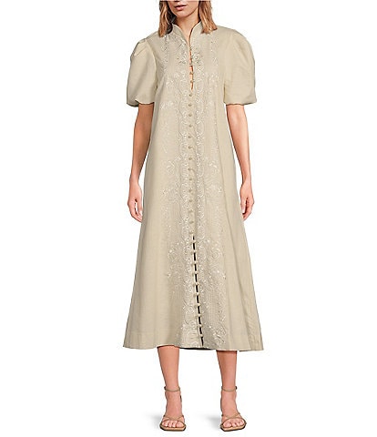 Mestiza New York Elliana Linen Blend Mandarin Collar Puff Sleeve Embroidered Button Front Midi Dress