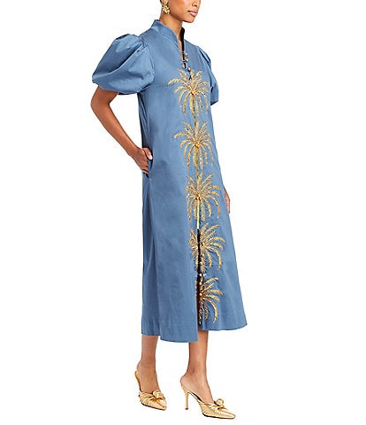 Mestiza New York Elliana Poplin Palm Leaf Embroidery Mandarin Collar Short Puff Sleeve Midi Dress