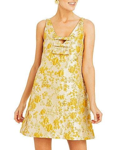 Mestiza New York Elmarie Metallic Jacquard V-Neck Sleeveless Bow Mini Shift Dress
