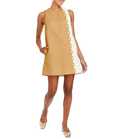 Mestiza New York Etta Floral Swirl Tonal Jacquard Color Block Side Scallop Button Trim Mini Shift Dress