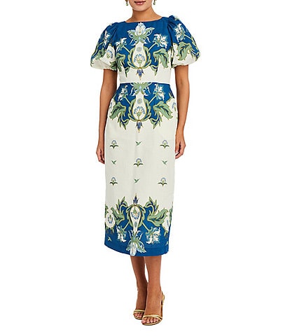 Mestiza New York Faye Floral Print Boat Neck Short Puff Sleeve Midi A-Line Dress