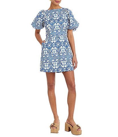 Mestiza New York Faye Watercolor Print Boat Neck Short Puff Sleeve Mini Dress