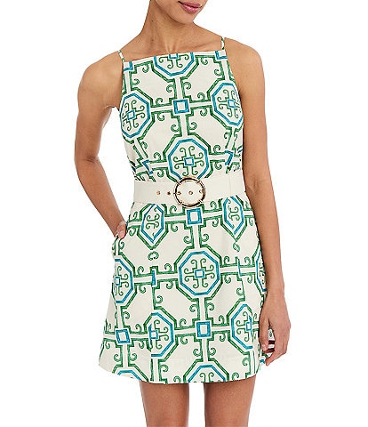 Mestiza New York Havana Printed Poplin High Square Neck Sleeveless Fit-And-Flare Belted Mini Dress