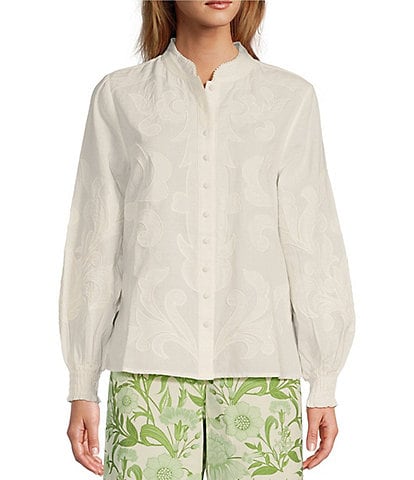 Mestiza New York Iman Embroidered Cotton Poplin Mandarin Collar Long Sleeve Pearlized Button Front Top