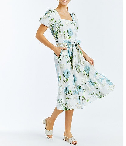 Mestiza New York Jasmine Floral Print Square Neck Puff Sleeve Midi A-Line Dress