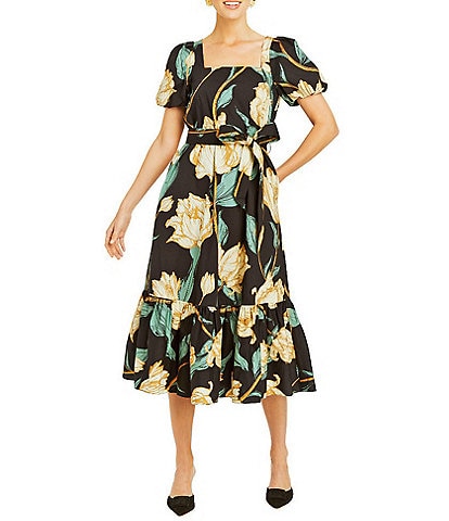 Mestiza New York Jasmine Linen Floral Print Square Neck Puff Sleeve Midi A-Line Dress