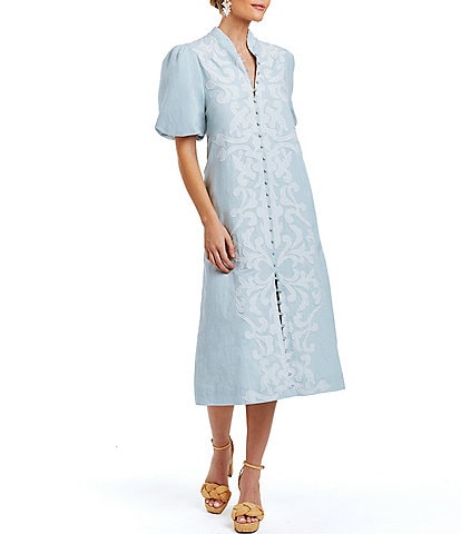 Mestiza New York Linen Elliana Mandarin Collar Puff Sleeve Embroidered Button Front Midi Dress