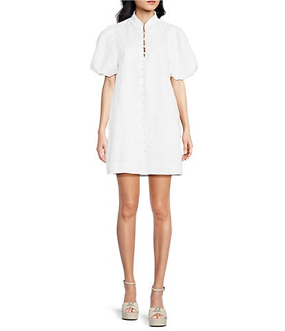 Mestiza New York Linen Blend Elliana Mandarin Collar Puff Sleeve Embroidered Button Front Mini Dress
