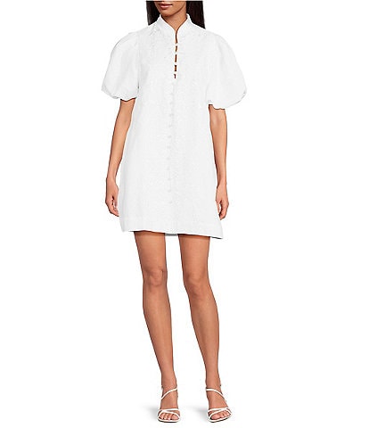 Mestiza New York Linen Blend Elliana Mandarin Collar Puff Sleeve Embroidered Button Front Mini Dress