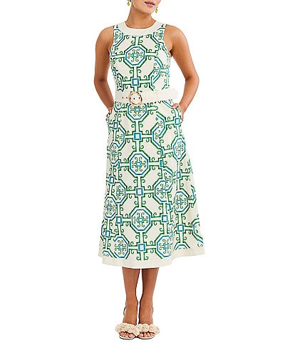 Mestiza New York Louisa Printed Poplin Crew Neck Sleeveless Belted Midi Dress