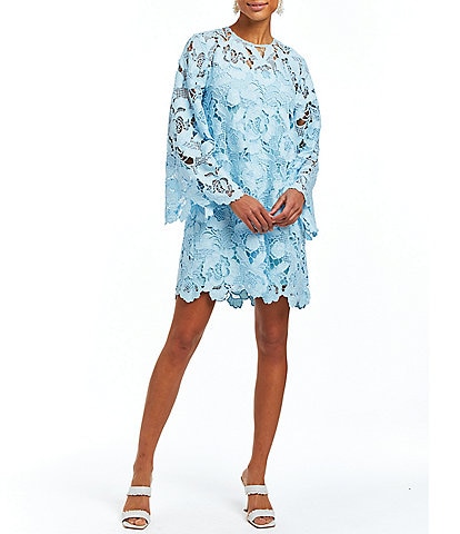Mestiza New York Mira Floral Lace Crew Neck Bell Sleeve Shift Mini Dress