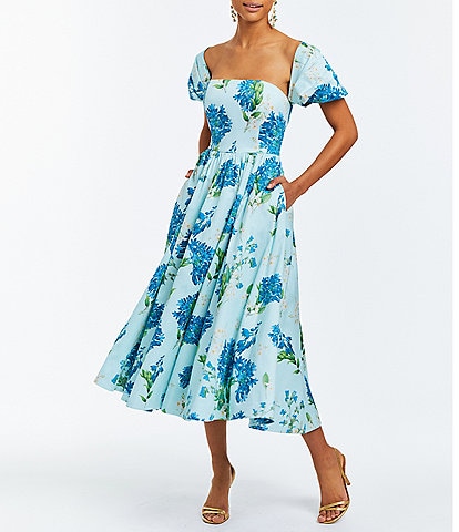 Mestiza New York Odette Floral Bouquet Printed Cotton Sateen Off-The-Shoulder Short Sleeve Pocketed Midi A-Line Dress
